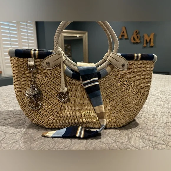 VINTAGE BRIGHTON COLLECTIBLES STRAW HANDBAG WHITE/NAVY BLUE STRIPE INTERIOR - Picture 2 of 14